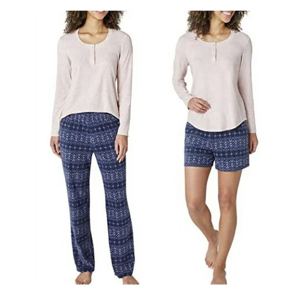 Eddie Bauer Pajama Set Womens X-Large Pink Blue New 3-Piece Henley Ikat